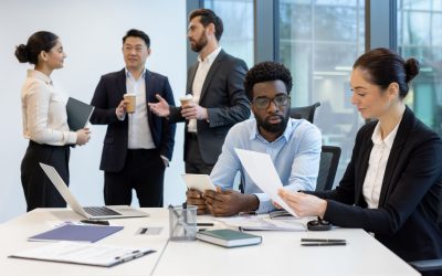 Diverse business team collaborating in a modern office setting, focusing on documents and technology for their project.